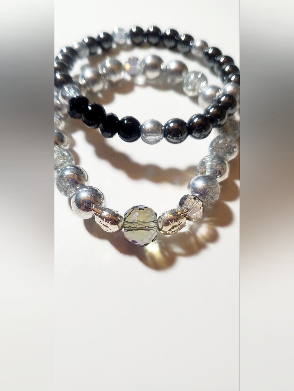 Silver and Black Beaded Stretch Bracelet Set